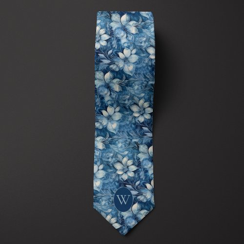 Slate Blue Floral Monogram Neck Tie