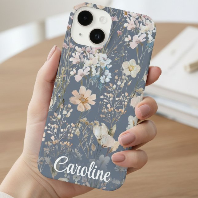 Slate Blue Floral Personalized  iPhone Case (Creator Uploaded)
