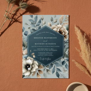 Slate Blue Floral Romantic Wedding Invitation