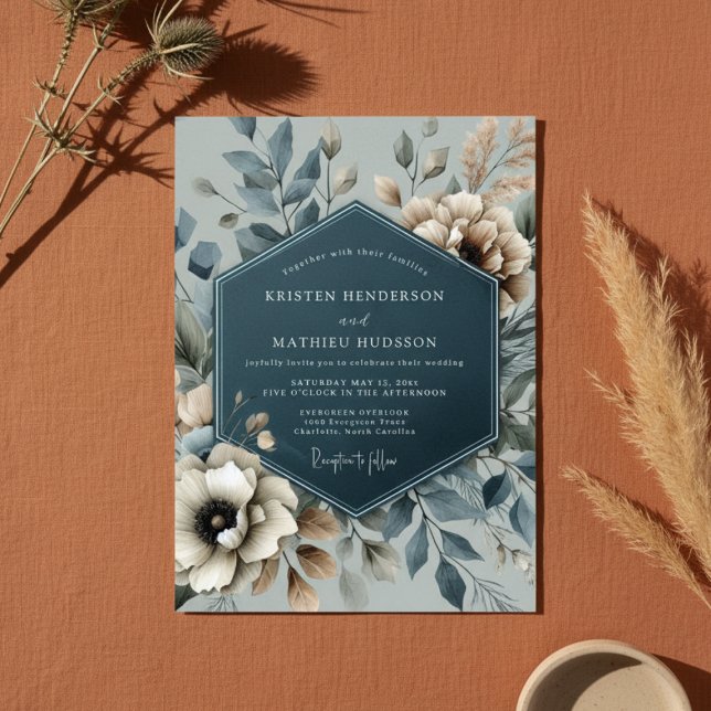Slate Blue Floral Romantic Wedding Invitation (Creator Uploaded)
