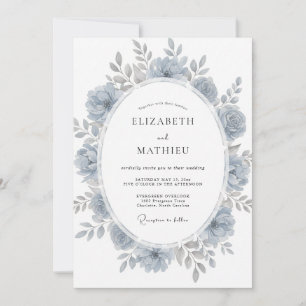 Slate Blue Floral Watercolor Wedding Invitation