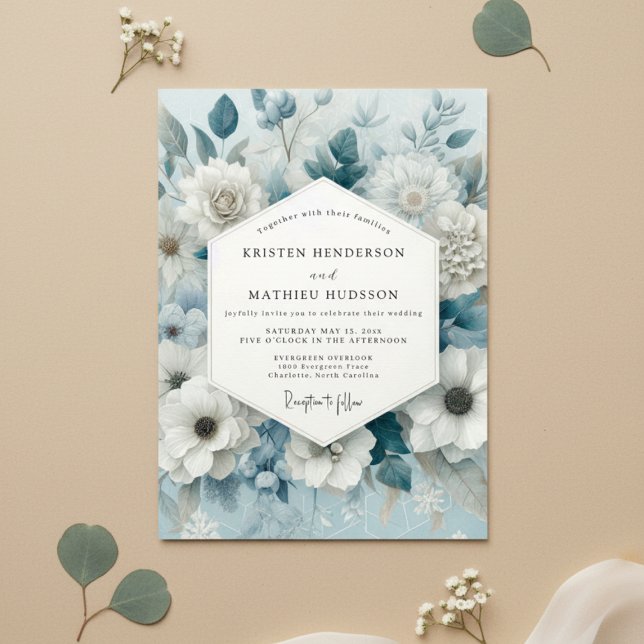 Slate Blue Floral Wedding Invitation (Creator Uploaded)