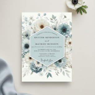 Slate Blue Floral Whimsical Wedding Invitation