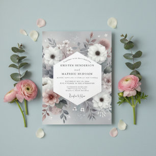 Slate Blue Floral Woodland Wedding Invitation