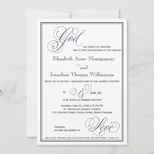 Slate Blue Formal Script Religious Wedding Invitation (Front)