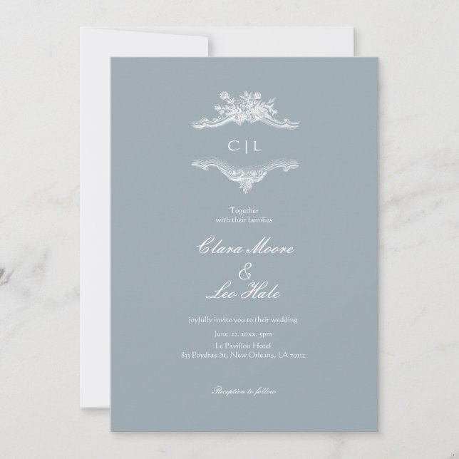 Slate Blue French Country Wedding Invitation (Front)