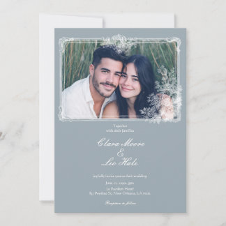 Slate Blue French Country Wedding Photo Invitation