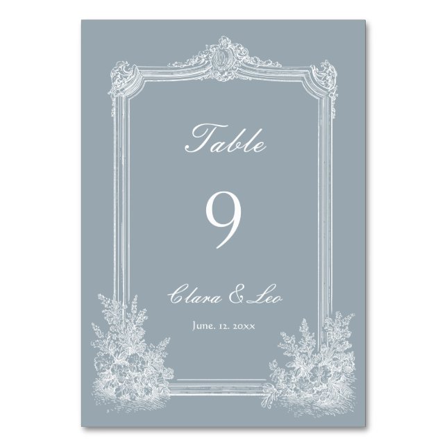 Slate Blue French Country Wedding Table Number (Front)