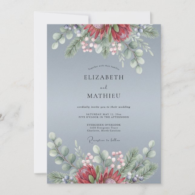 Slate Blue Frosted Botanical Wedding Invitation (Front)
