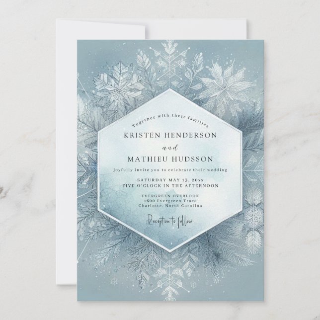 Slate Blue Frosty Blossom Wedding Invitation (Front)