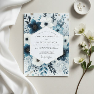 Slate Blue Frosty Flora Wedding Invitation