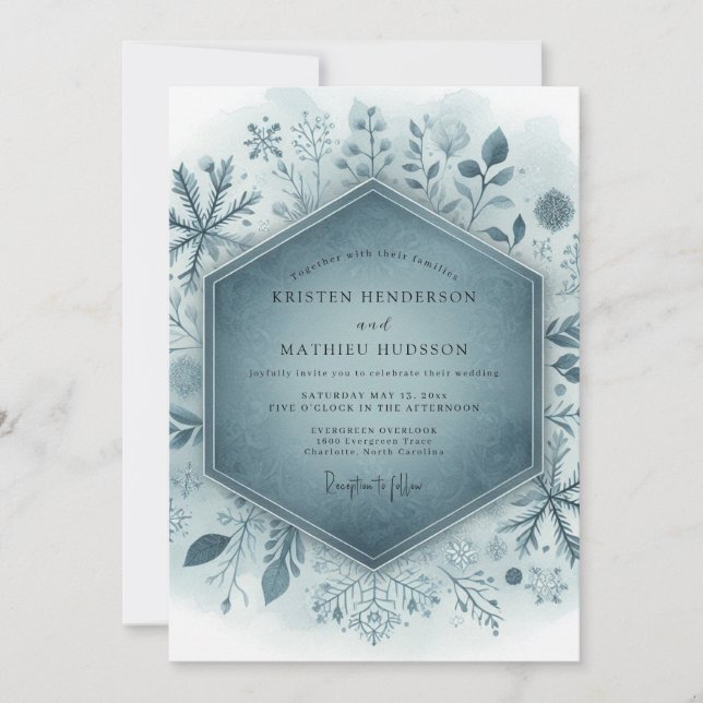 Slate Blue Frosty Floral Wedding Invitation (Front)