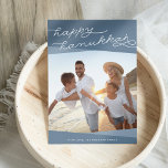Slate Blue Geo Script | Hanukkah Photo Holiday Card<br><div class="desc">Share Hanukkah greetings with friends and family with our elegant and modern Hanukkah photo card, featuring your favorite vertical or square photo. Overlapping bands of slate blue adorn the top and bottom of the card, with "Happy Hanukkah" in modern handwritten style typography. Personalize with your family name or custom greeting....</div>