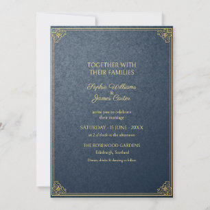 Slate Blue Gold Art Deco Wedding Invitation