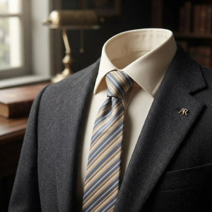 Slate Blue Gold Cream Stripe Neck Tie