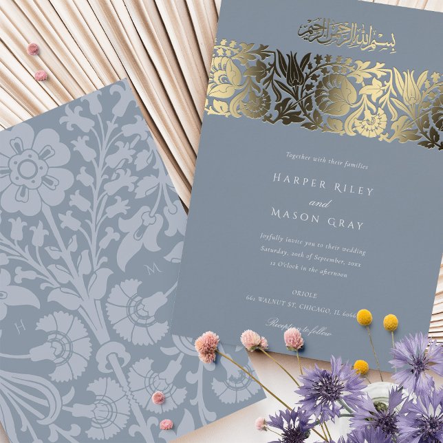 Slate Blue Gold Islamic Wedding Ornate Floral Foil Invitation (Creator Uploaded)