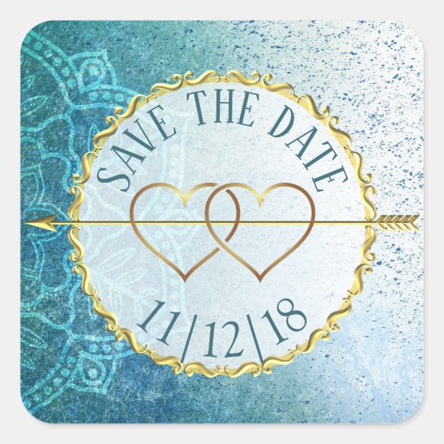 Slate Blue & Gold Mandala  Save the Date Stickers (Front)