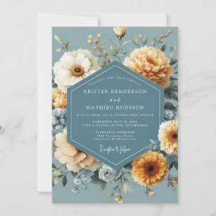 Slate Blue Golden Bloom Wedding Invitation