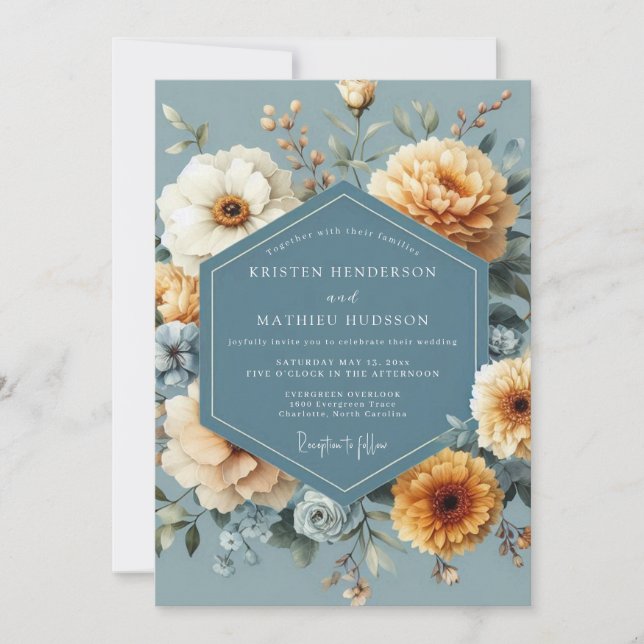 Slate Blue Golden Bloom Wedding Invitation (Front)
