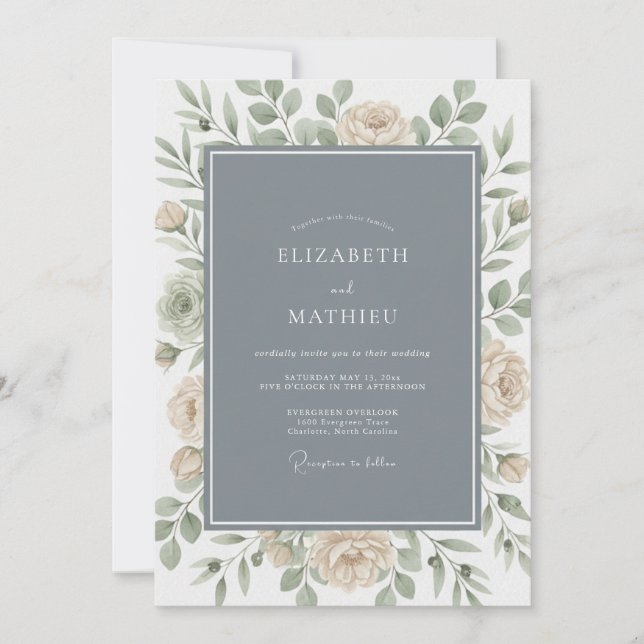 Slate Blue Graceful Botanical Wedding Invitation (Front)