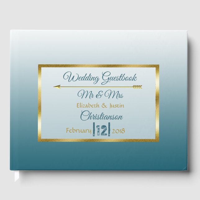 Slate Blue Gradient and Gold Heart Wedding Book (Front)