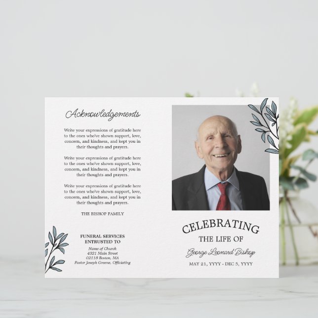 Slate Blue Greenery Photo Celebration of Life (Standing Front)