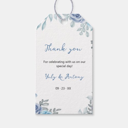 Slate Blue Grey Watercolor Floral Thank You Gift Tags