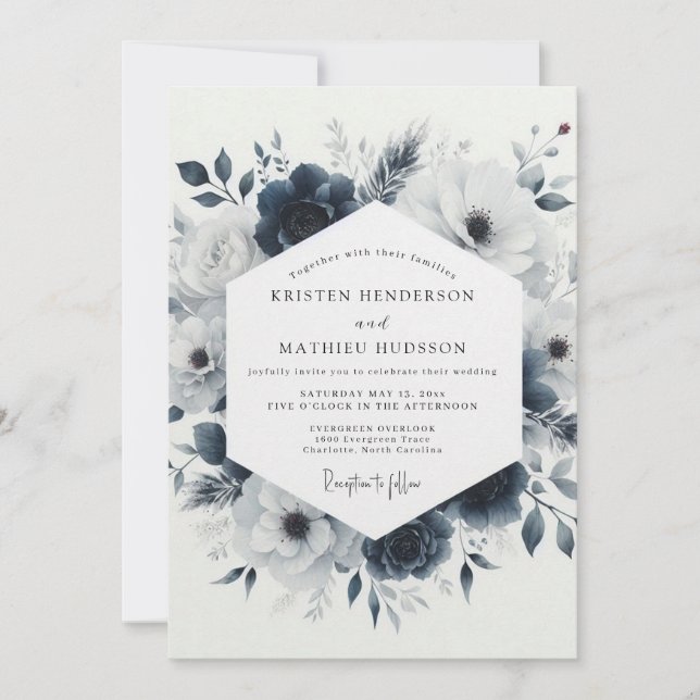 Slate Blue Icy Bloom Wedding Invitation (Front)