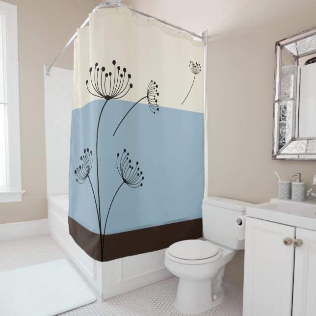 Slate Blue, Ivory and Brown Wildflower Shower Curtain (In Situ)