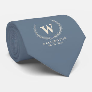 Slate Blue Ivory Laurel Monogram Name Wedding Date Neck Tie