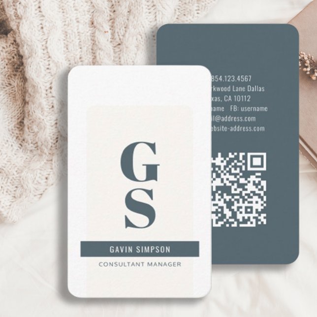 Slate Blue Ivory Minimalist Modern Initial QR Code Business Card (Creator Uploaded)