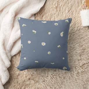Slate Blue Japanese White Cosmos Floral Pattern Throw Pillow