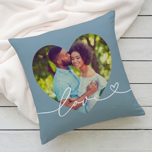 Slate Blue Love Script Heart Photo Throw Pillow (Creator Uploaded)