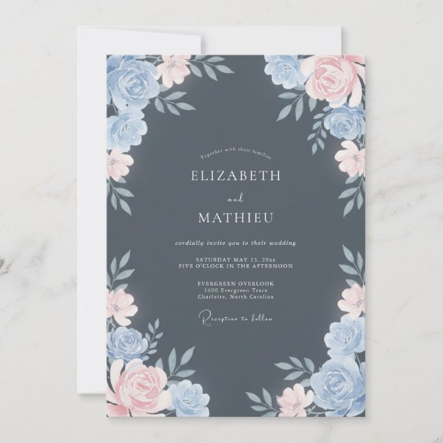 Slate Blue Majestic Floral Wedding Invitation (Front)