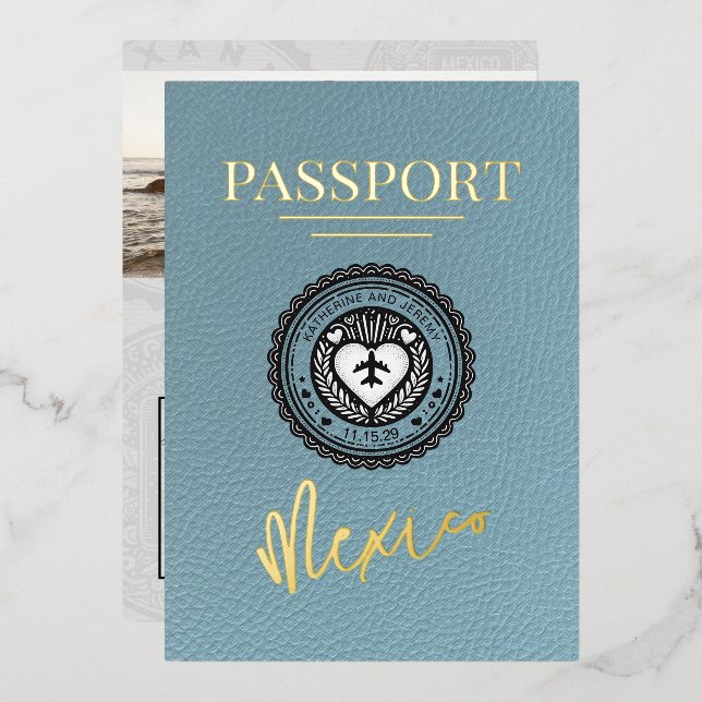 Slate Blue Mexico Passport Wedding Foil Invitation (Front/Back)