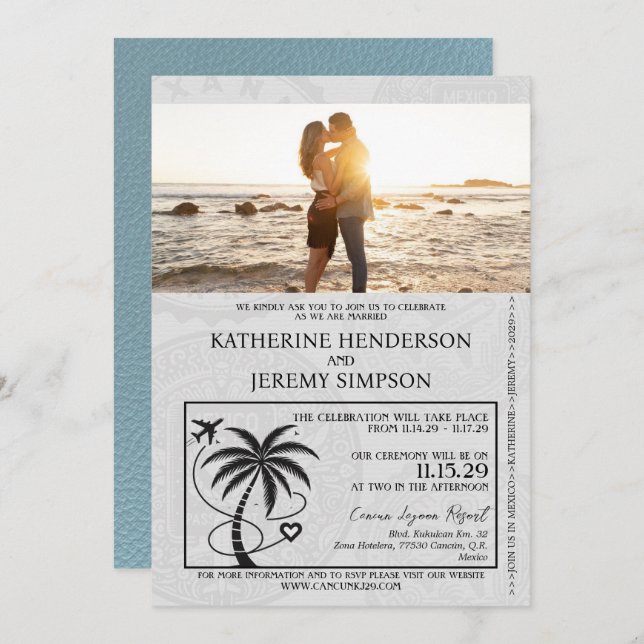 Slate Blue Mexico Passport Wedding Invitation (Front/Back)