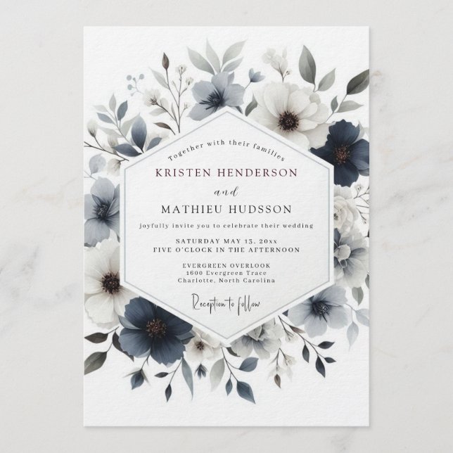 Slate Blue Misty Botanical Wedding Invitation (Front)