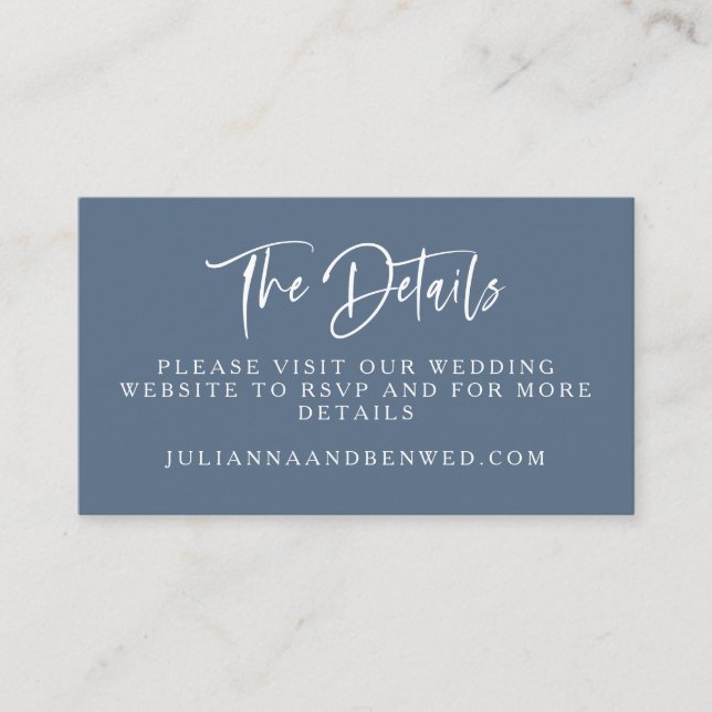 Slate Blue Modern Script Lettering Wedding Website Enclosure Card (Front)