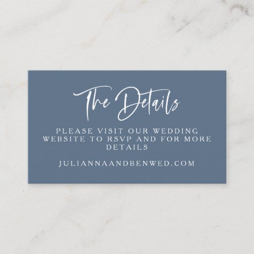 Slate Blue Modern Script Lettering Wedding Website Enclosure Card