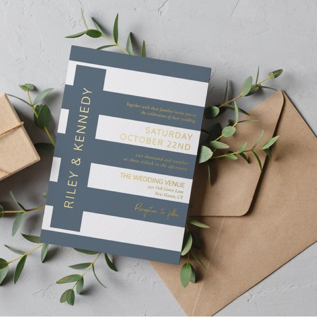Slate Blue Modern Stripes Typography Wedding Gold Foil Invitation (Creator Uploaded)