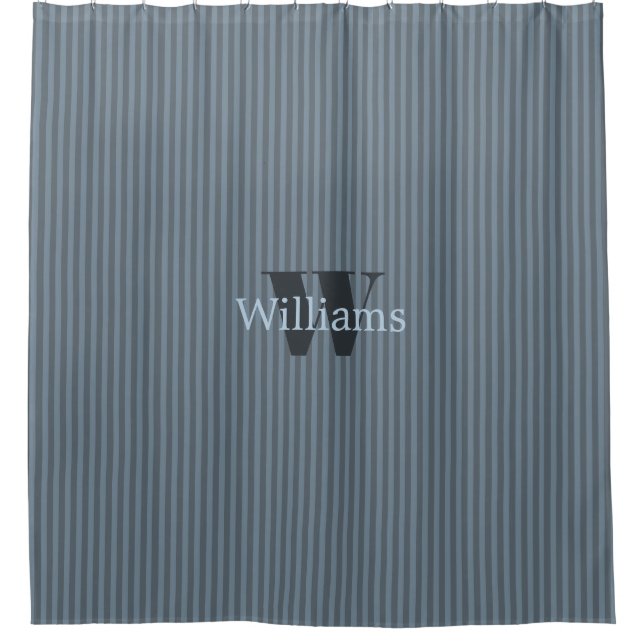 Slate Blue Monogram and Stripes Shower Curtain (Front)