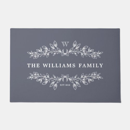 Slate Blue Monogrammed Hand_Drawn Half Wreath Doormat