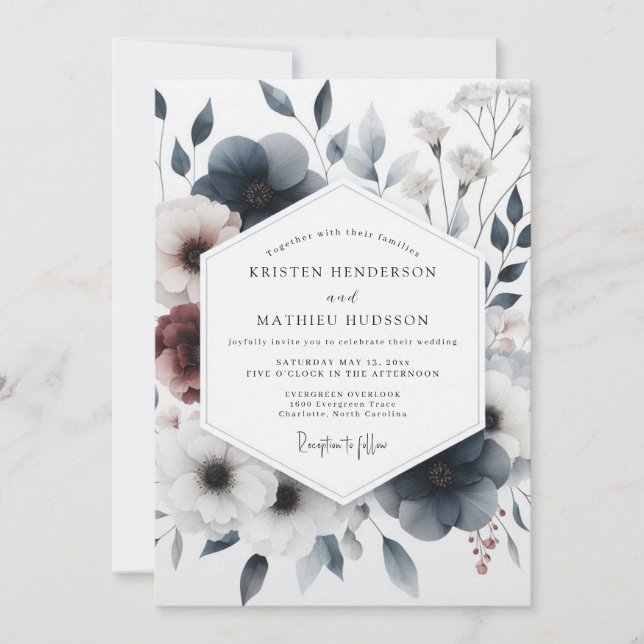 Slate Blue Moody Anemone Wedding Invitation (Front)