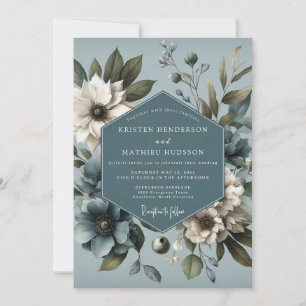 Slate Blue Moody Botanical Wedding Invitation