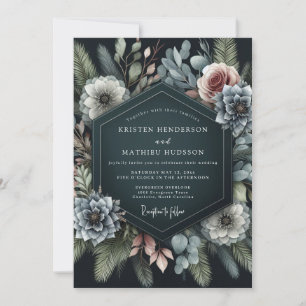 Slate Blue Moody Flora Wedding Invitation