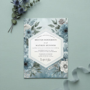 Slate Blue Moody Floral Flourish Wedding Invitation