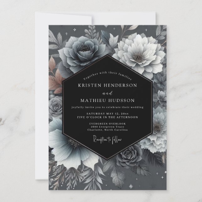 Slate Blue Moody Floral Romance Wedding Invitation (Front)