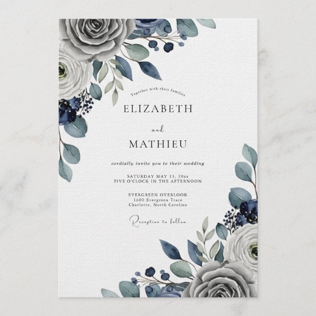 Slate Blue Moody Floral Wedding Invitation (Front)