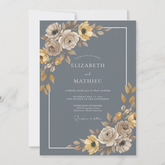 Slate Blue Muted Autumnal Wedding Invitation (Front)