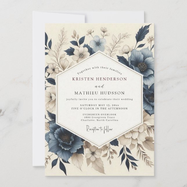 Slate Blue Muted Bloom Wedding Invitation (Front)